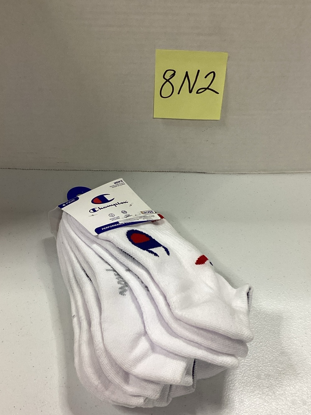 Champion White Crew Athletic Socks with Red & Blue Logo